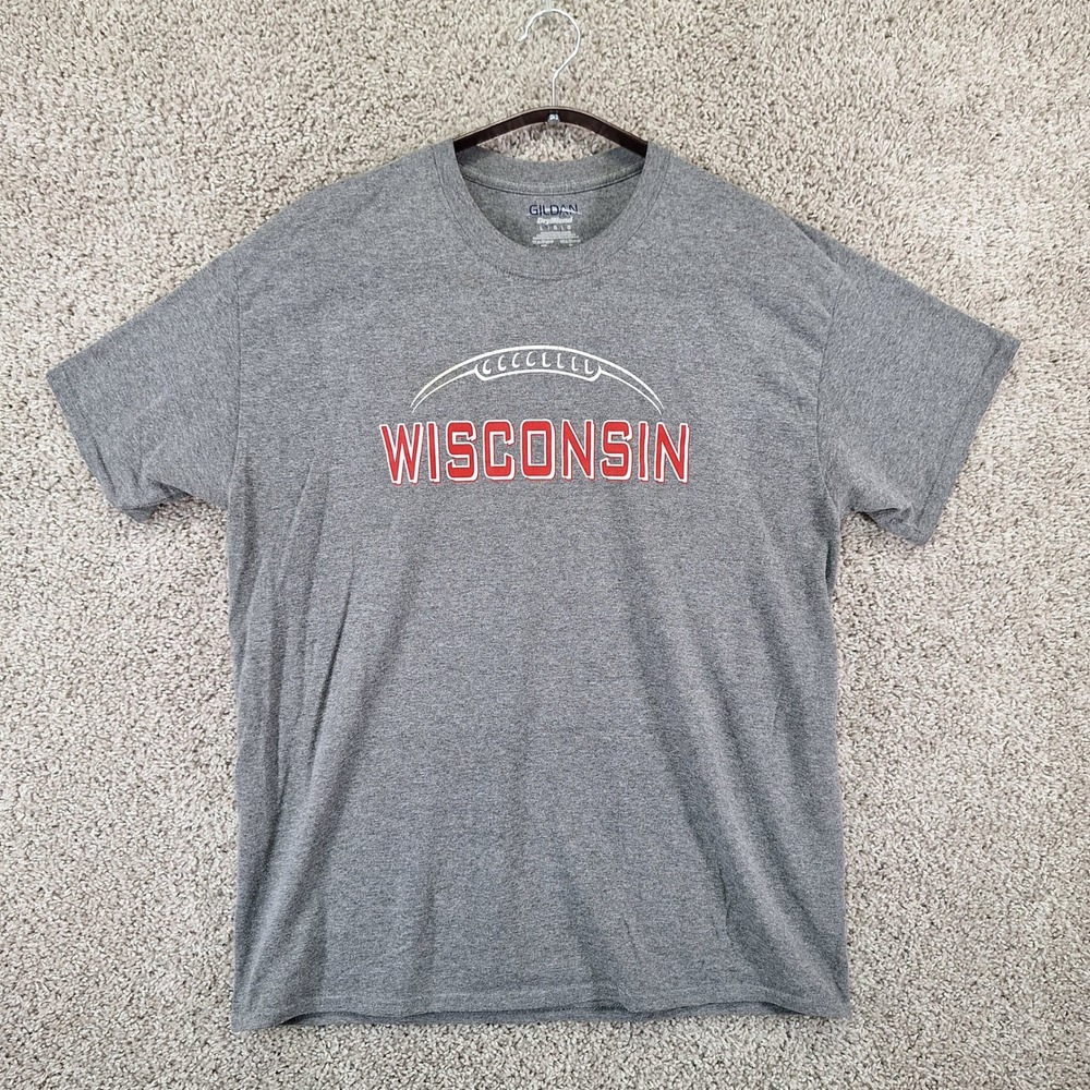 Gildan T-Shirt Mens L Grey Wisconsin Football DryBlend Sporty Gameday NCAA